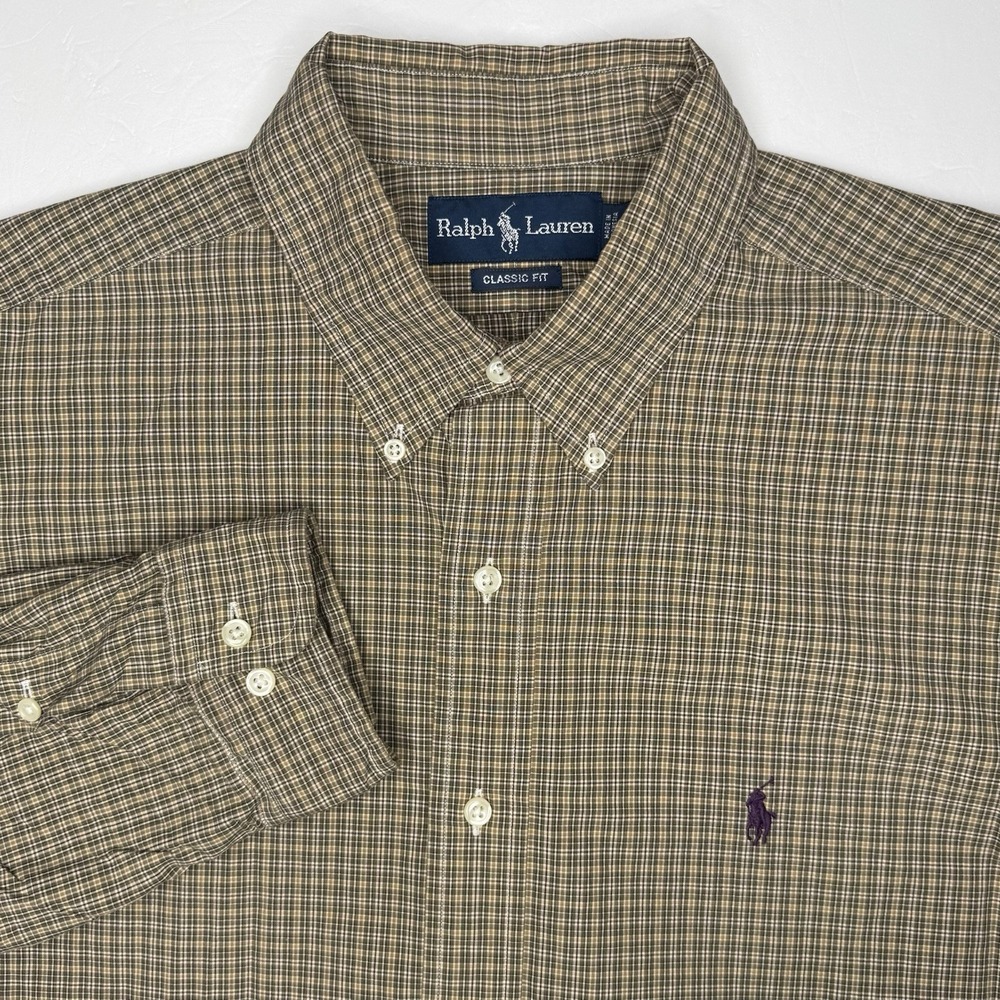 Vintage Polo Ralph Lauren Dress Shirt Men's Large Tan Burgundy Plaid Classic Fit
